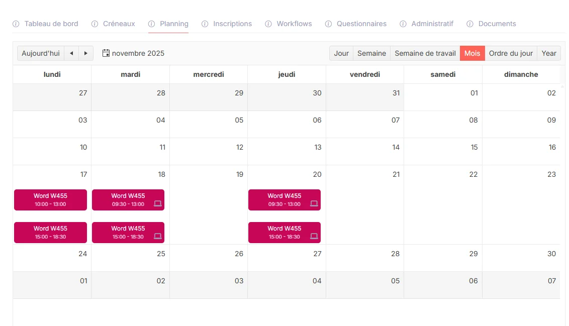 Interface d'un logiciel pour organisme de formation : planning d'une formation avec créneaux, formateurs et apprenants